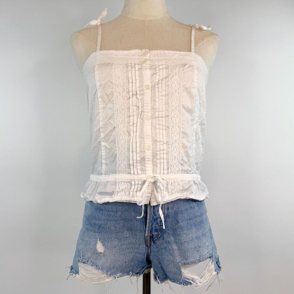 Brandy Melville White Maeve Tank Top Embroidered Shoulder Tie Detail Boho Size S